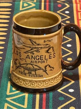 Vintage 1970s LAX Airport Souvenir Ceramic Stein Coffee Mug - Two-Tone Brown